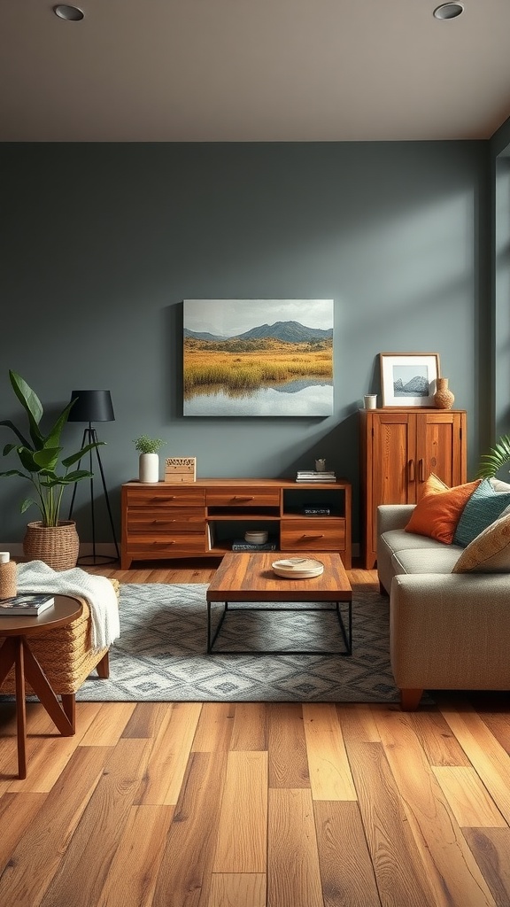 A cozy living room featuring reclaimed wood furniture, a coffee table, and decorative plants.