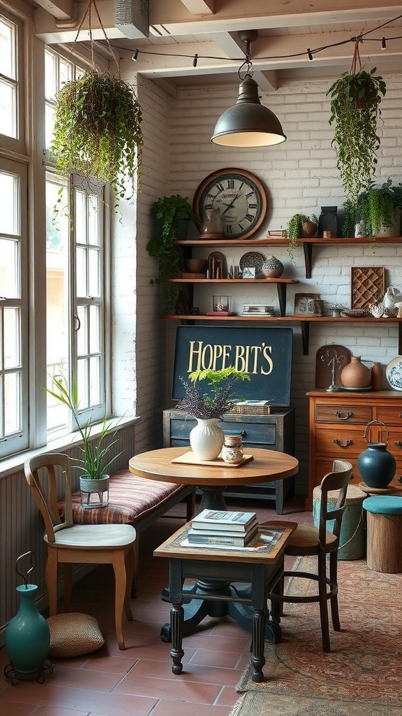 Cozy corner featuring a round table, mismatched chairs, and decorative vintage items