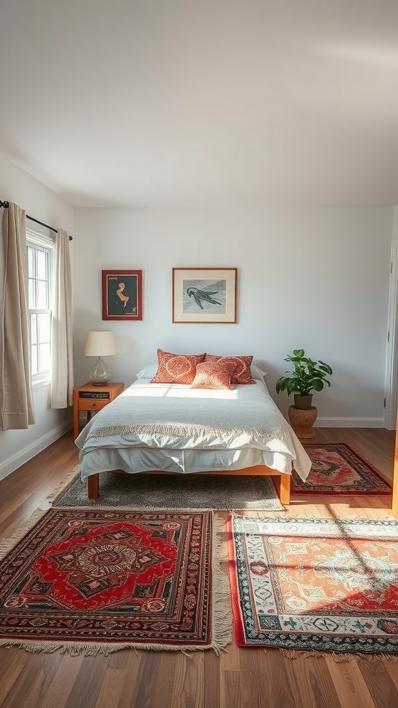 A bright bedroom with a bed, layered rugs, a lamp, and a plant.