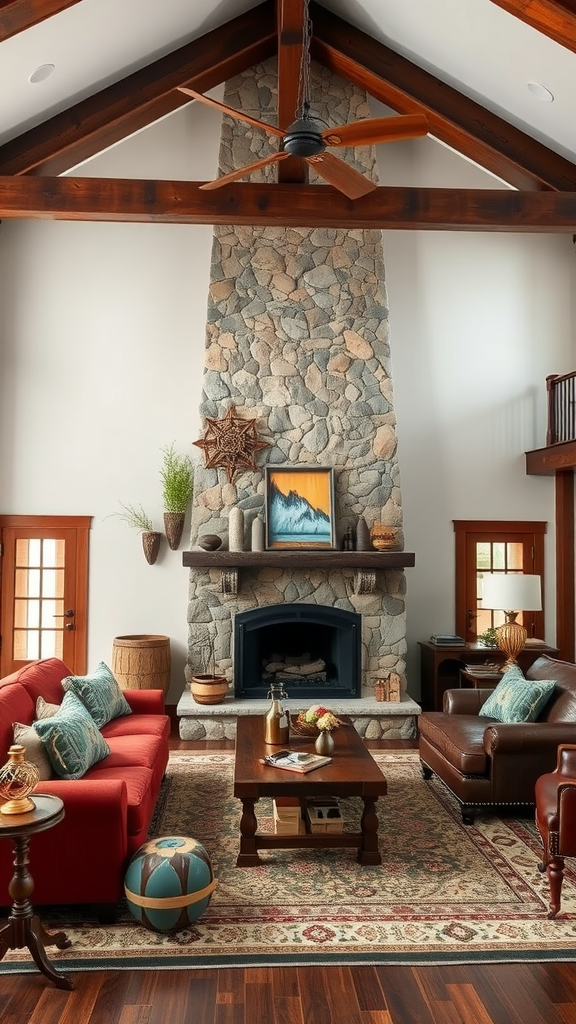 Cozy traditional living room featuring rustic elements like wooden beams and a stone fireplace.