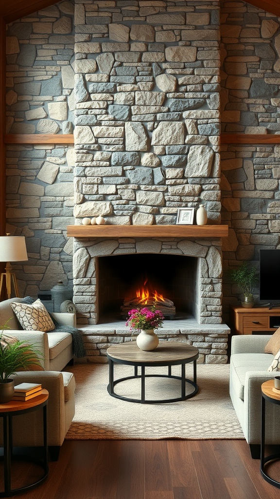 A cozy living room featuring a rustic stone fireplace, soft sofas, and warm decor.