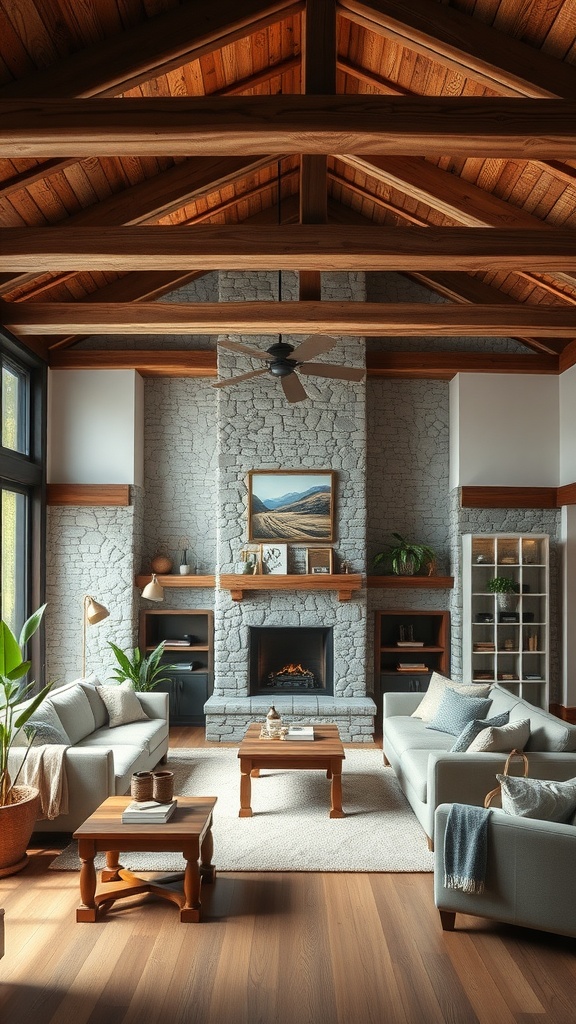 A cozy living room featuring rustic wood beams, a stone accent wall, and comfortable furniture.