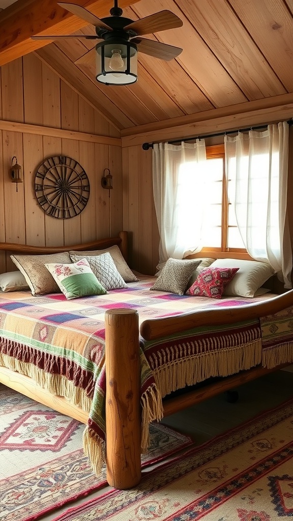 A rustic wooden bed frame adorned with colorful pillows and throws in a cozy bedroom setting.