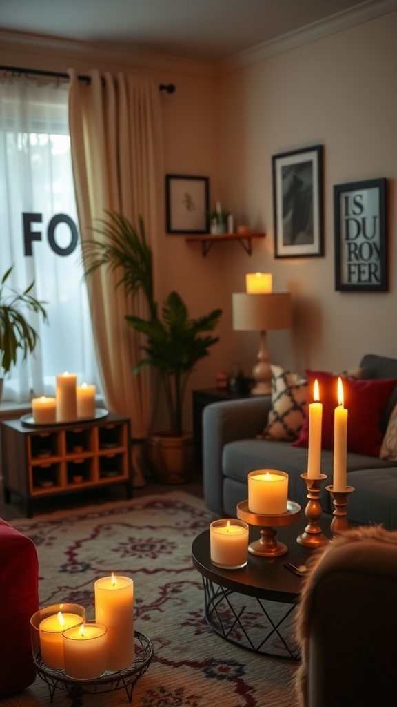 Cozy living room with various scented candles glowing in soft light.