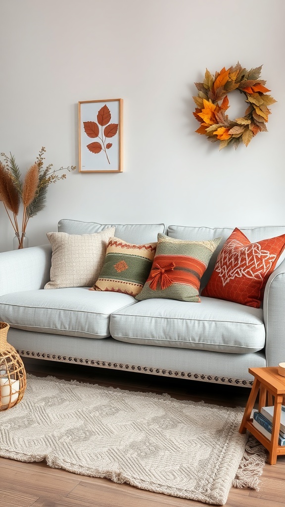 A light grey couch adorned with seasonal pillows and a wreath, set in a cozy living room.