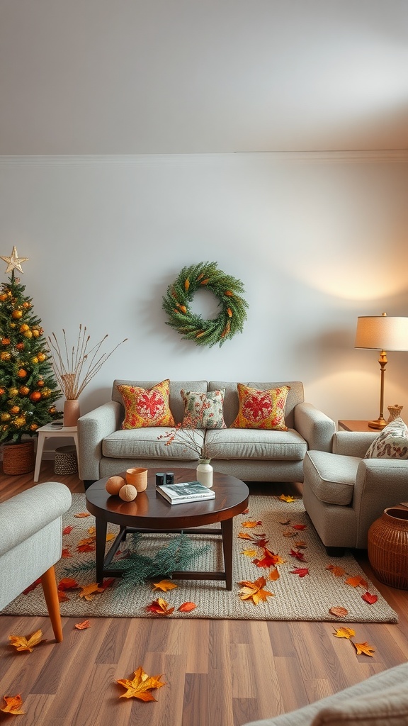 Cozy living room decorated for a festive season with a Christmas tree, colorful pillows, and autumn leaves.