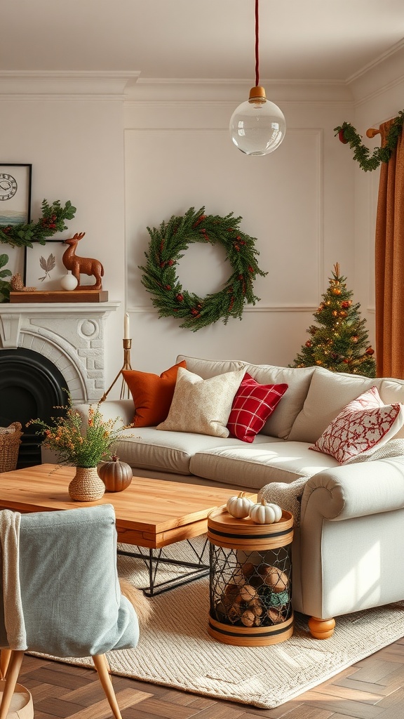 Cozy traditional living room with seasonal decor including a wreath, Christmas tree, and festive cushions.