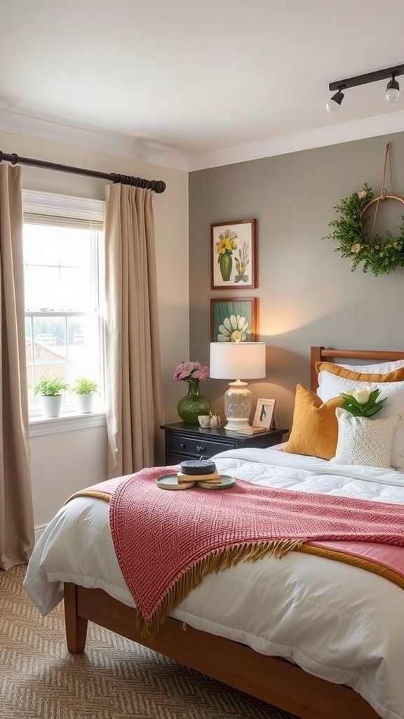 A cozy bedroom featuring a mix of decor elements, including a wooden dresser, a lamp, and floral arrangements, ideal for seasonal decor swaps.