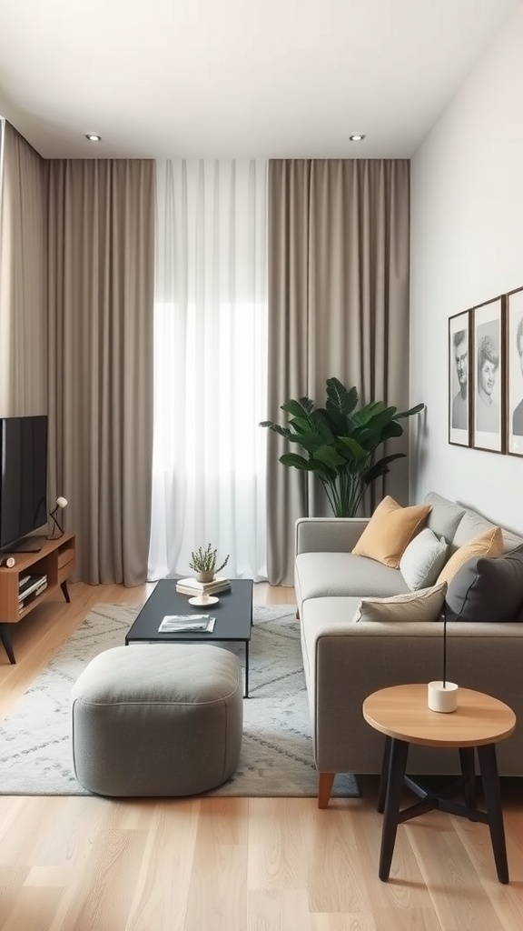 A small living room with slim profile furniture, featuring a light sofa, a black coffee table, and a decorative plant.