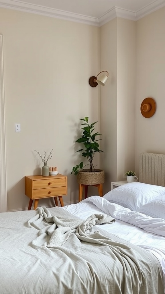 A serene bedroom with minimal clutter, featuring a white bed, wooden furniture, and calming decor.