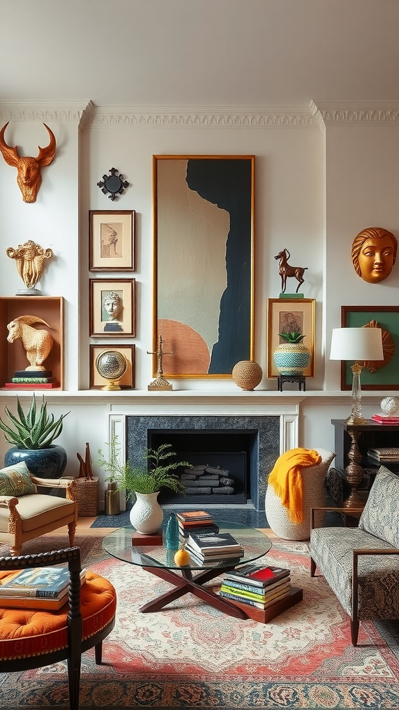 A modern living room with a mix of personal art and decorative collections, featuring a white sofa, stylish coffee table, and decorative shelves.