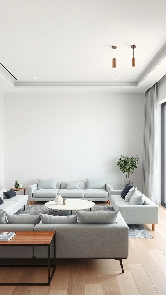 A simple and functional living room layout with light gray sofas, a circular coffee table, and natural light.