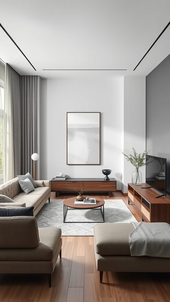 A modern living room featuring sleek furniture, neutral tones, and a cozy arrangement.