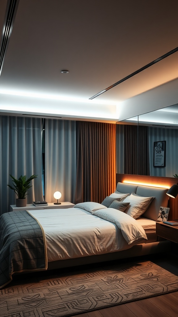 A modern bedroom featuring smart lighting, a cozy bed with blue linens, and a stylish nightstand.