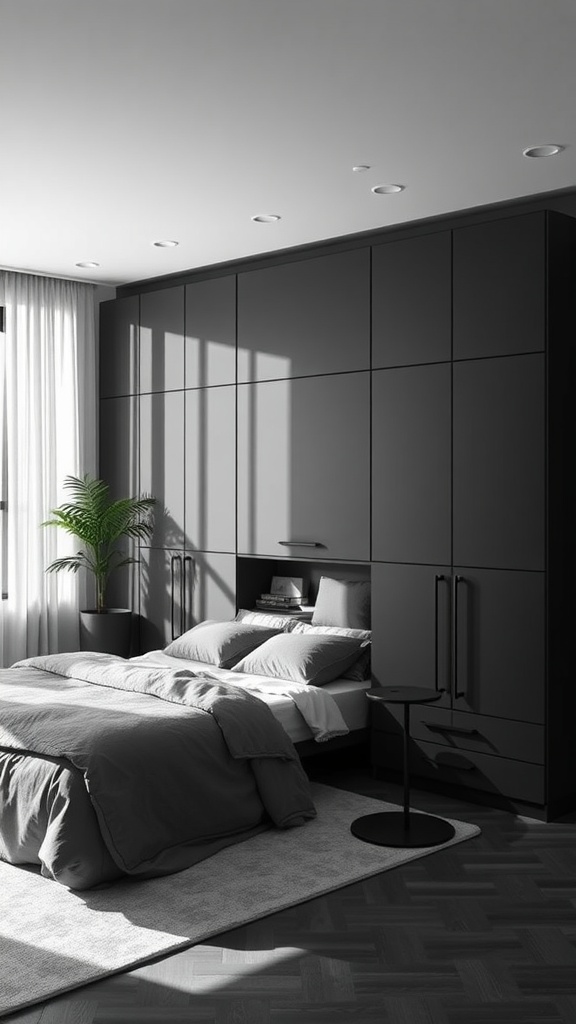 Modern bedroom with dark cabinetry, gray bedding, and a touch of greenery