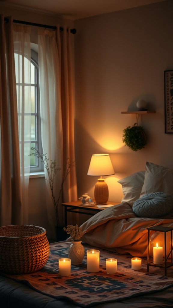 A cozy boho bedroom with soft ambient lighting from a lamp and candles, featuring a bed and decorative elements.