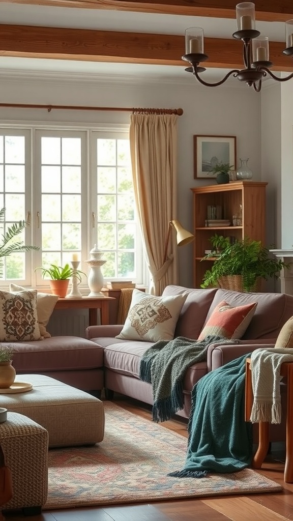 Cozy traditional living room with soft fabrics and warm decor.