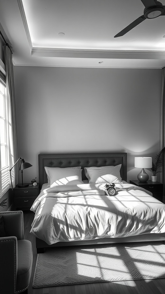 A stylish black, white, and gray bedroom with soft lighting and a cozy atmosphere.