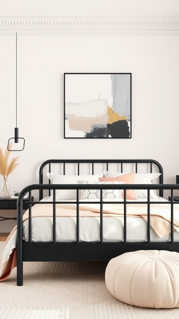 A cozy bedroom featuring a black bedframe with soft pastel bedding and natural decor.