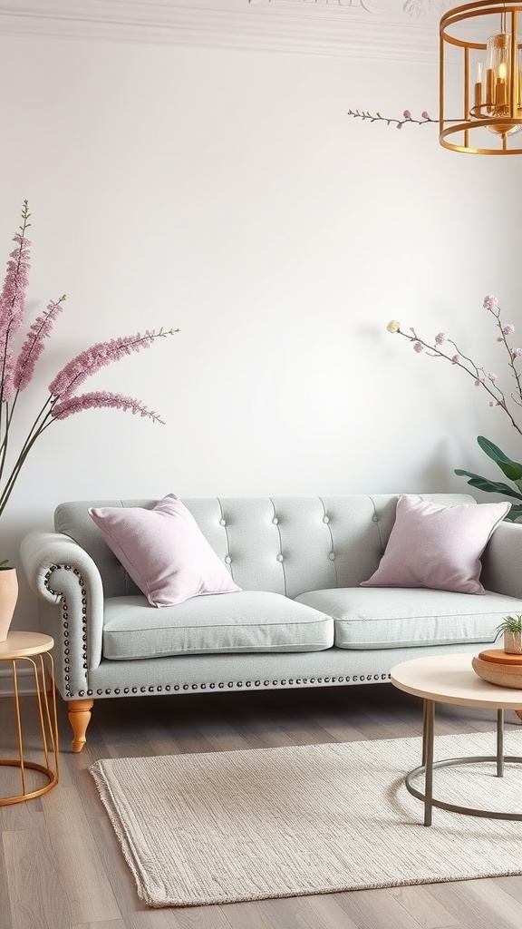 Living room with a light grey couch and pastel decor