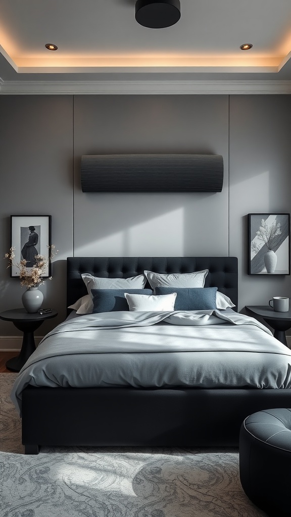 A modern bedroom featuring a black bedframe, grey walls, and stylish decor.