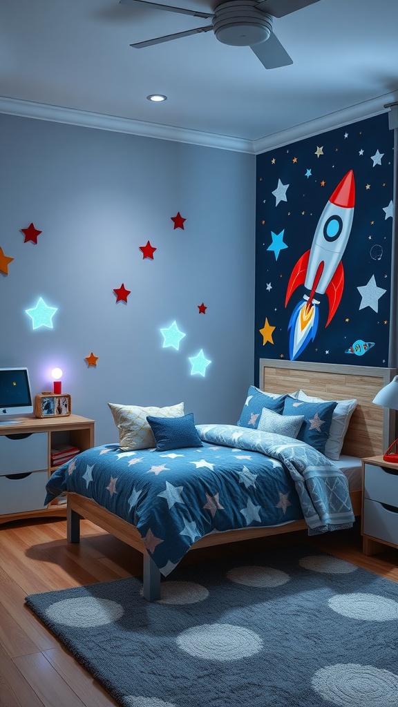 A toddler boy's bedroom decorated with space exploration theme, featuring a rocket mural, star decorations, and star-patterned bedding.