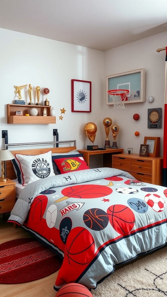 A toddler boy's bedroom with sports-themed decor, including a basketball hoop, colorful bedding, and trophies.