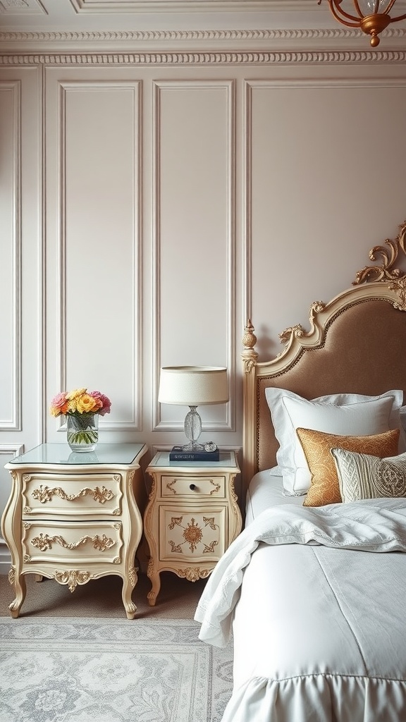 Elegant bedroom with ornate nightstands and a plush headboard