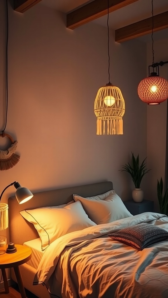 A cozy boho bedroom with woven hanging light fixtures and a bedside lamp, featuring soft pillows and a plant.