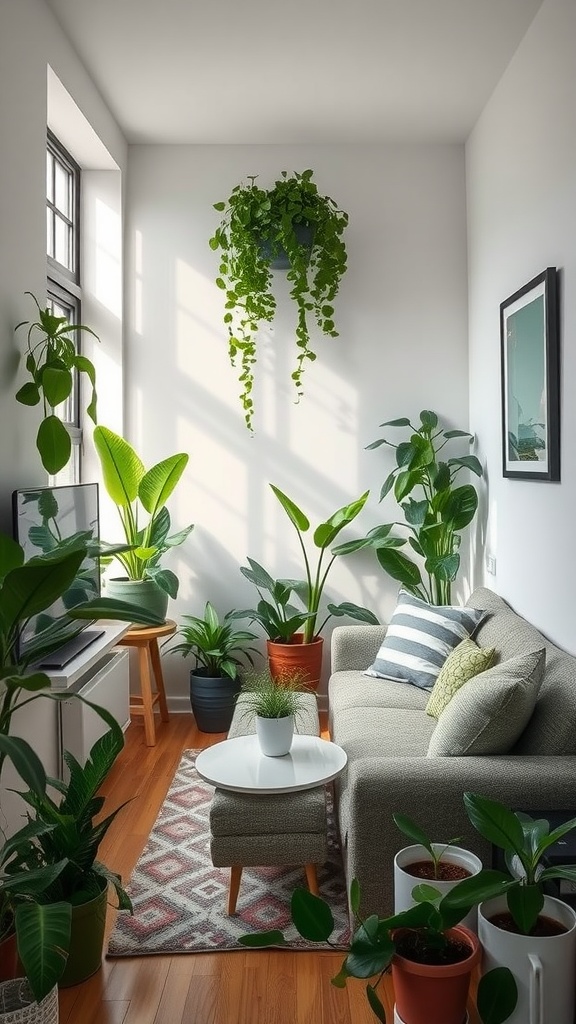 A cozy small living room filled with various plants, including a hanging plant and potted greens, creating a fresh and inviting atmosphere.