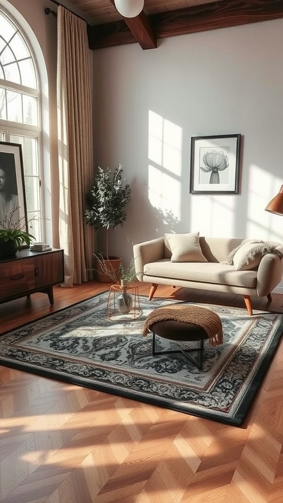 Cozy living room featuring a stylish area rug, soft furniture, and natural lighting.