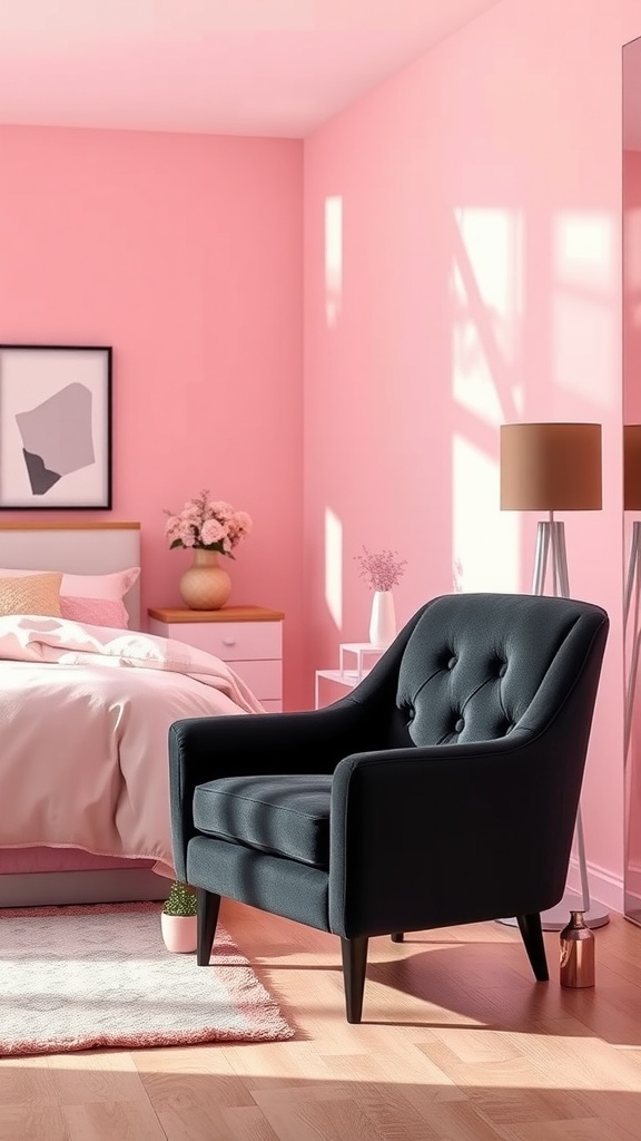 A stylish black accent chair in a pink bedroom