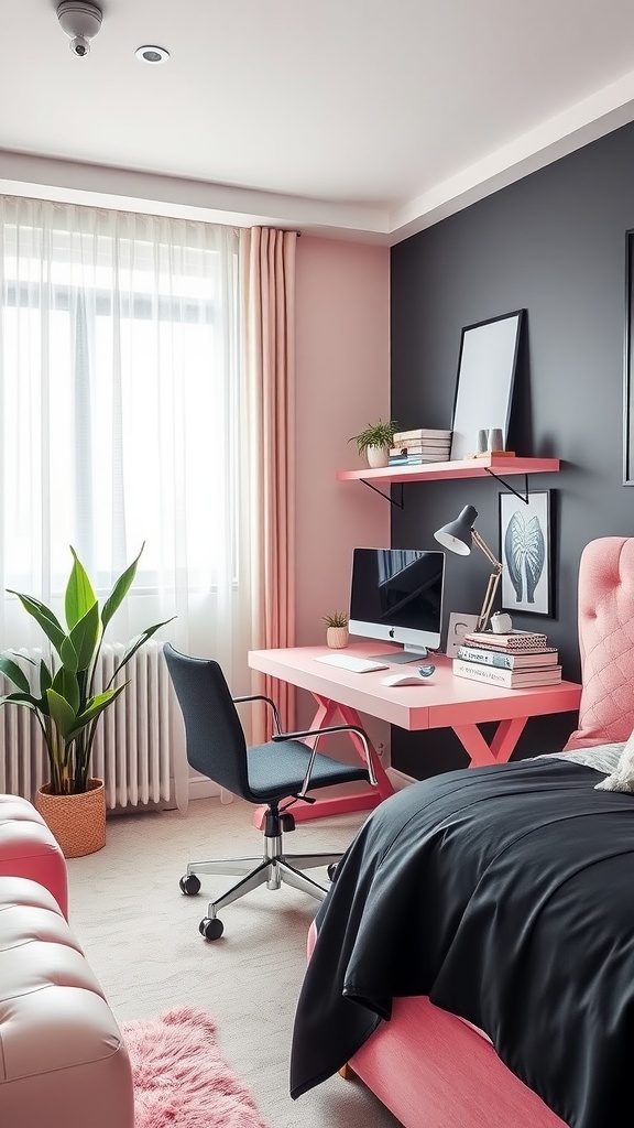 Stylish pink desk area in a black-themed bedroom with modern furniture and warm lighting.