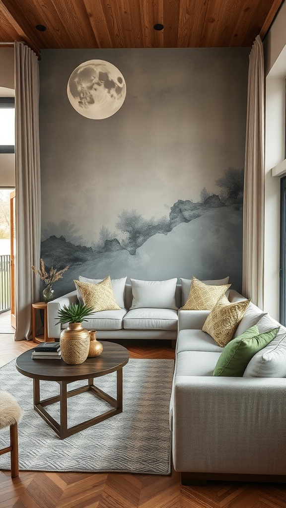 A cozy living room showcasing a moonlit mural, soft furnishings, and subtle metallic accents