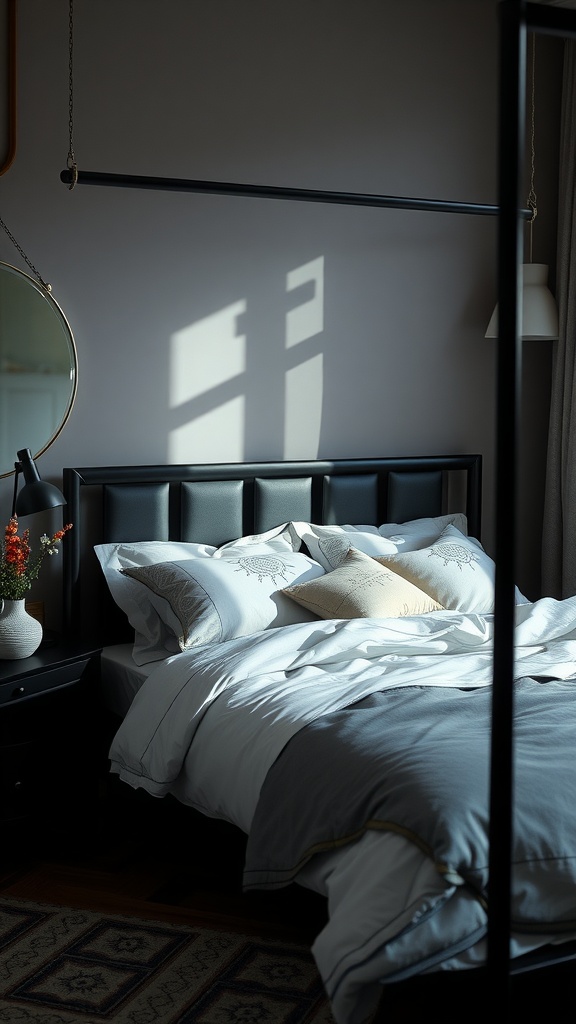 A cozy bedroom with a black bedframe, gray bedding, and decorative pillows, featuring soft lighting.