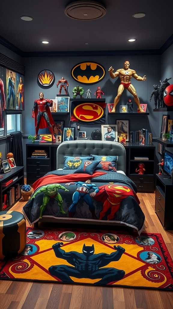 A toddler bedroom decorated with superhero-themed bedding and wall art.