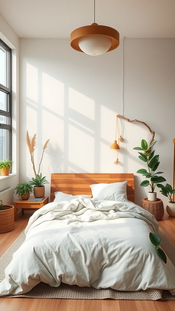 A bright, eco-friendly bedroom featuring wooden furniture and various indoor plants.