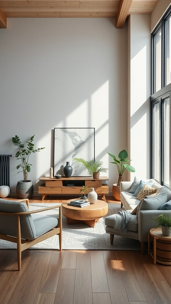 A cozy living room with wooden beams, natural textiles, and plants, showcasing sustainable materials.