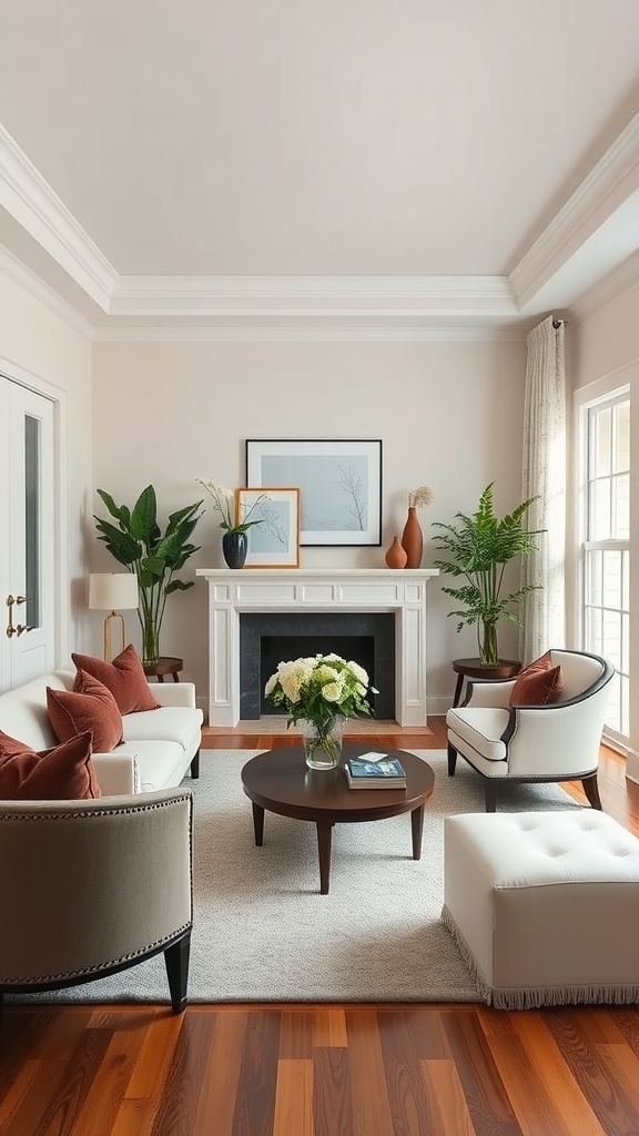 Cozy traditional living room with symmetrical decor featuring two matching chairs, a coffee table, and a fireplace.