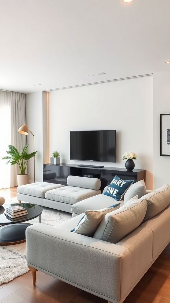 Modern living room featuring a light grey couch with smart home elements.