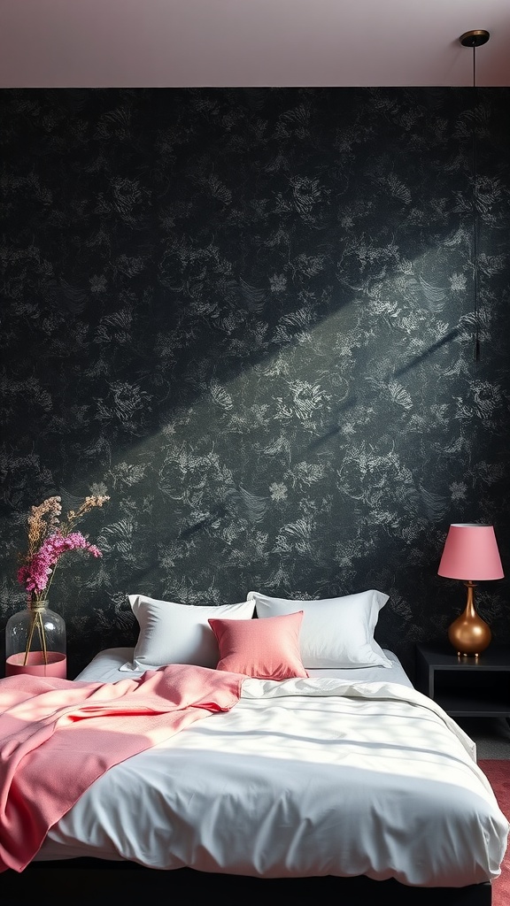 A bedroom featuring textured black wallpaper, soft pink bedding, and elegant decor.