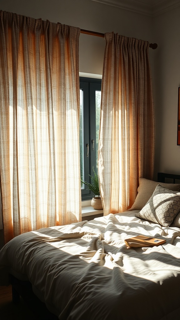 A bright bedroom with textured curtains allowing light to filter through, creating a cozy atmosphere.