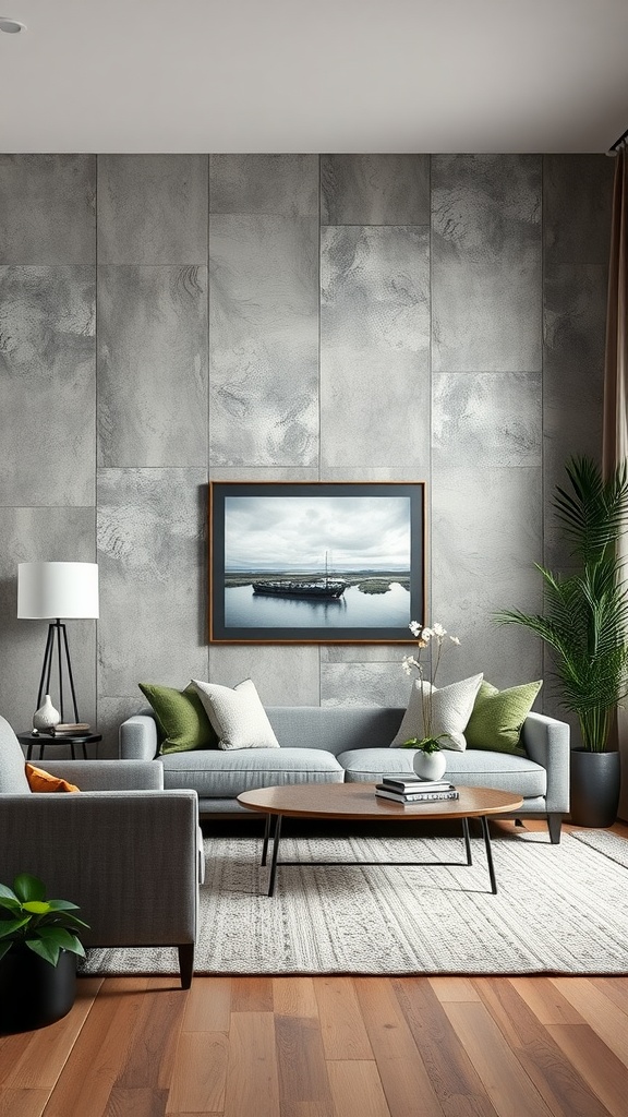 Stylish living room with a grey textured wall, featuring a grey couch, wooden coffee table, and decorative elements.