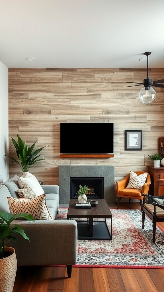 A stylish living room featuring textured wooden wall panels, a gray sofa, an orange armchair, and a coffee table.