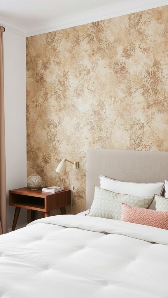 A cozy bedroom featuring textured wallpaper with letters, a beige tufted headboard, and minimalistic decor.