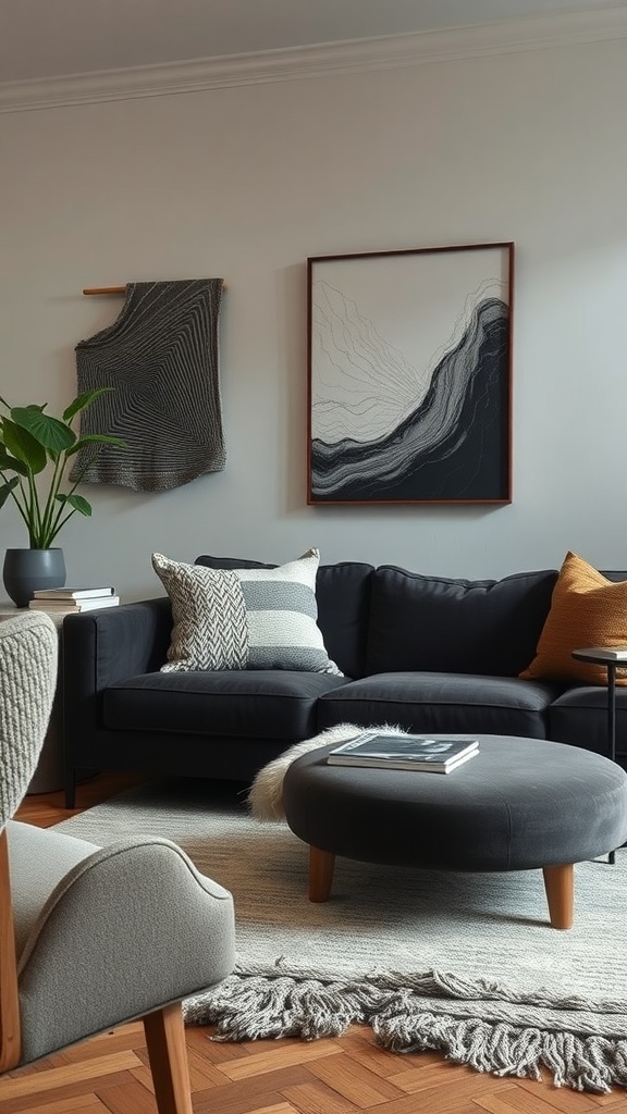 A cozy living room featuring a dark couch, decorative pillows, a round coffee table, and a woven wall hanging.