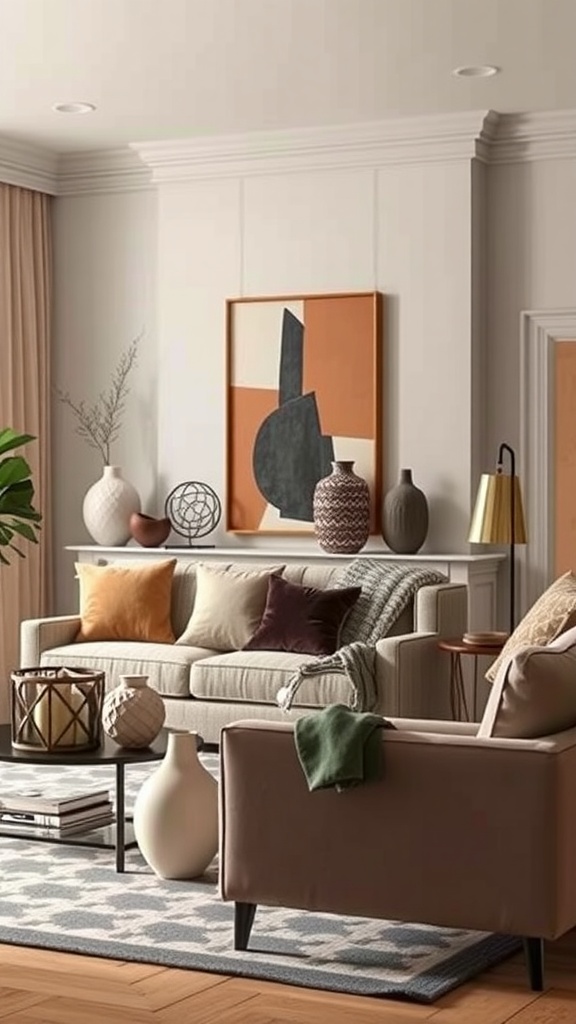 A cozy living room with a mix of decorative vases, art, and comfortable seating.