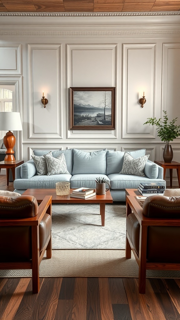 Living room featuring a light grey couch, leather chairs, and a wooden coffee table.