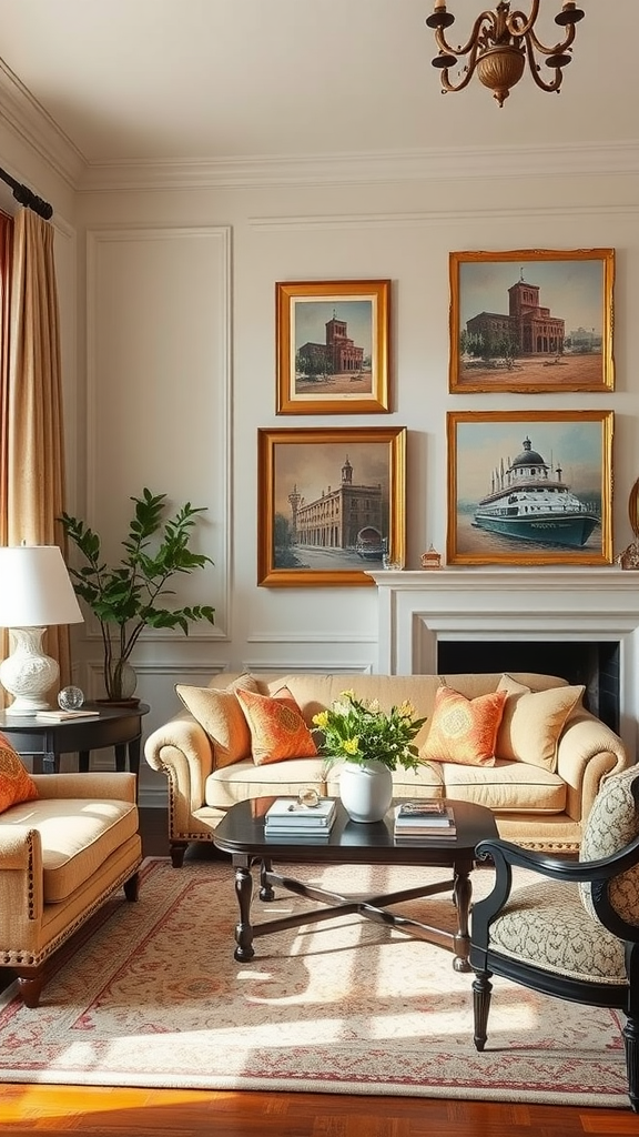 Cozy traditional living room with classic wall art, featuring portraits and nature prints.