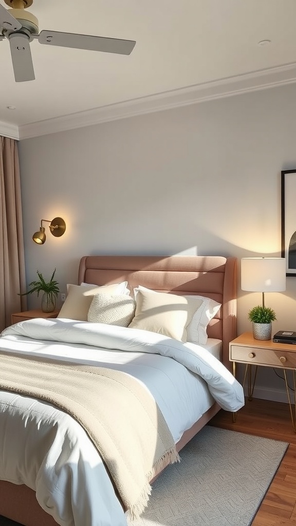 A cozy bedroom featuring a bed, bedside lamps, and a ceiling fan.